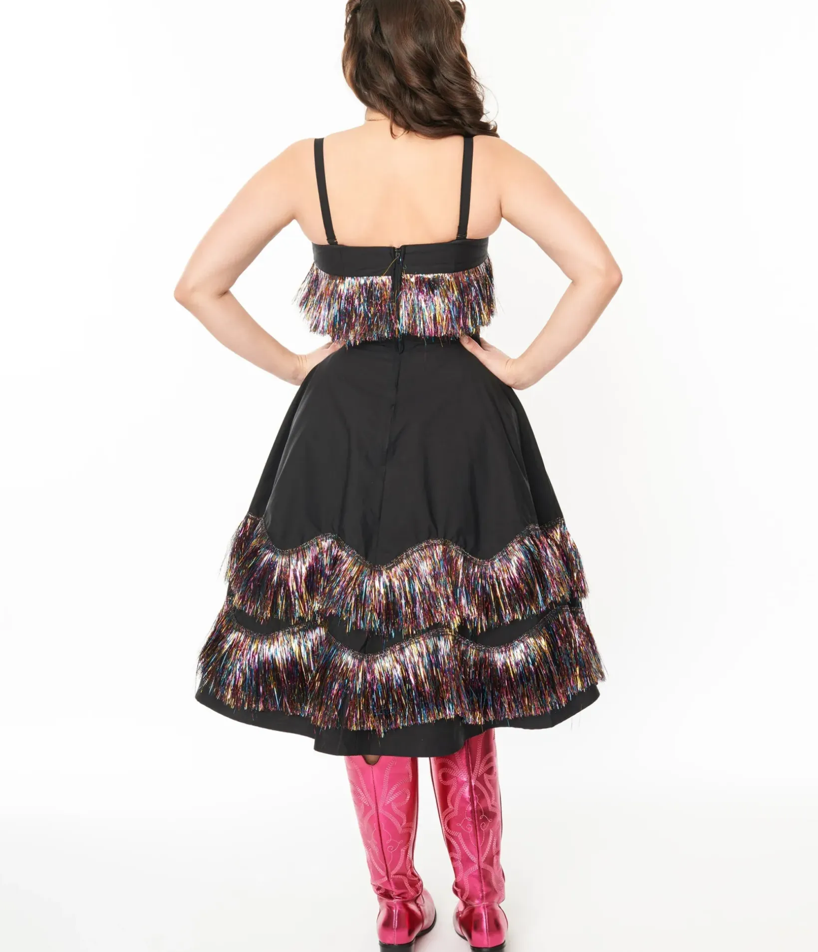 Unique Vintage Swing|Everyday Dresses>Black & Rainbow Fringe Girlie Swing Dress