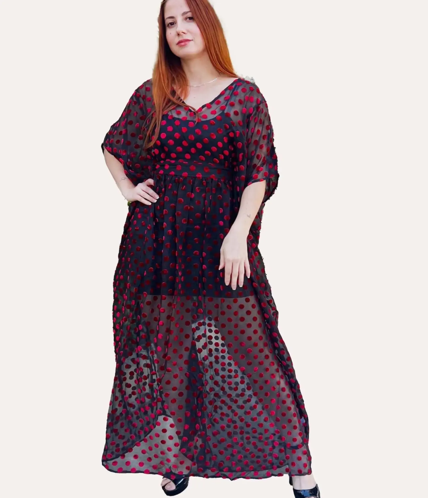 Unique Vintage Maxi|Caftans>Black & Red Swiss Dot Burton Caftan Dress