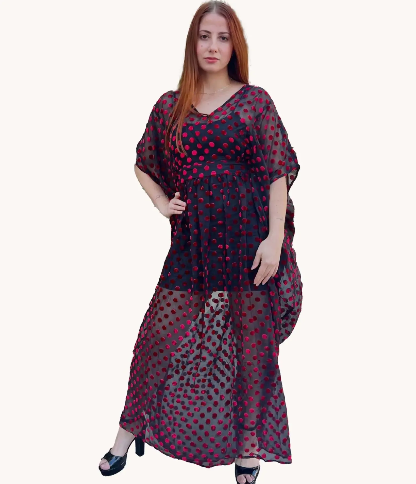 Unique Vintage Maxi|Caftans>Black & Red Swiss Dot Burton Caftan Dress