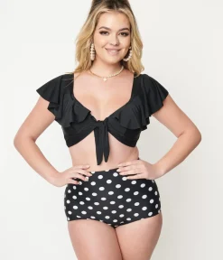 Unique Vintage Swim Tops|Two Piece Swim>Black Ruffled Cap Sleeve Frida Swim Top