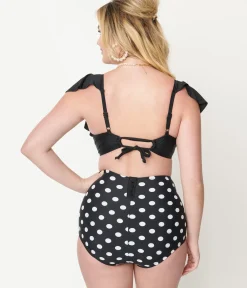 Unique Vintage Swim Tops|Two Piece Swim>Black Ruffled Cap Sleeve Frida Swim Top