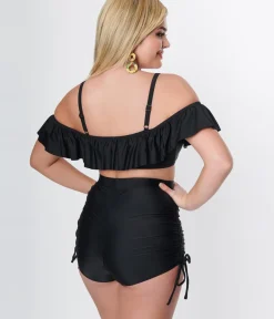 Unique Vintage Swim Tops|Two Piece Swim>Black Ruffle Swim Top