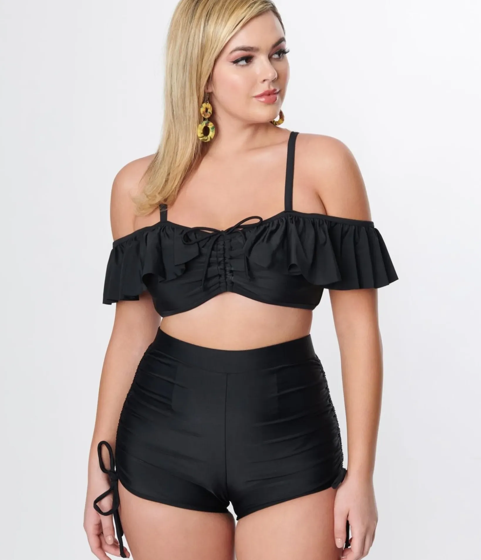 Unique Vintage Swim Tops|Two Piece Swim>Black Ruffle Swim Top