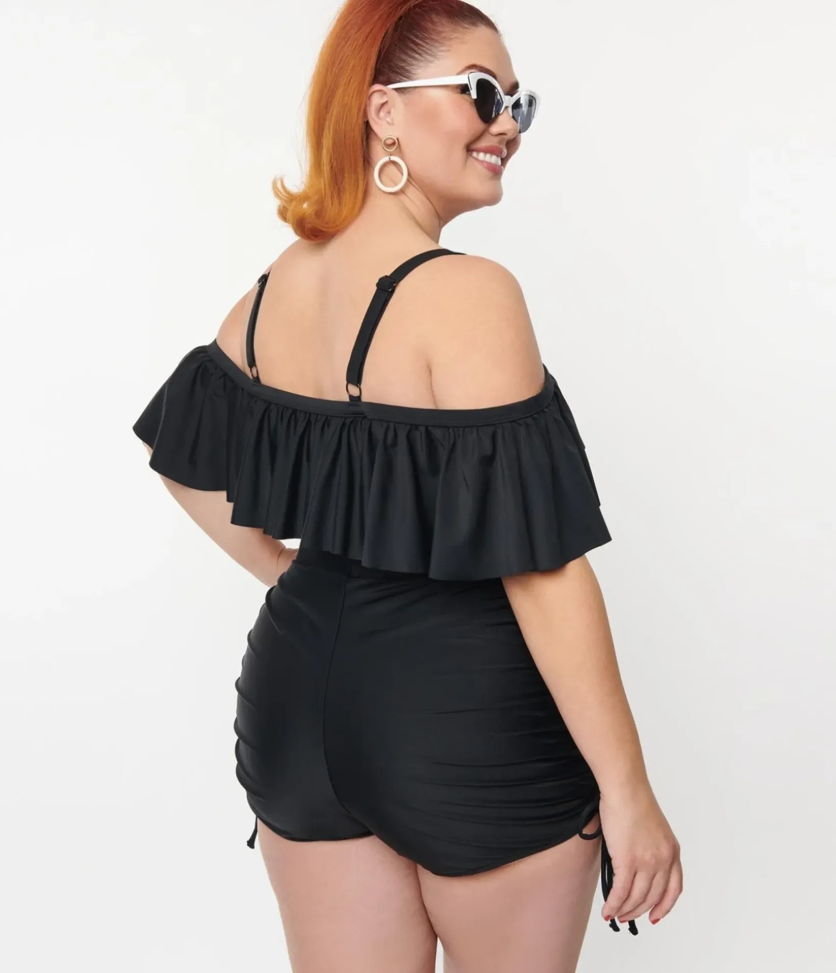 Unique Vintage Swim Tops|Two Piece Swim>Black Ruffle Swim Top