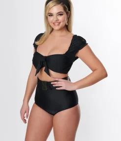 Unique Vintage Swim Tops|Two Piece Swim>Black Shirred Bow Bandeau Swim Top