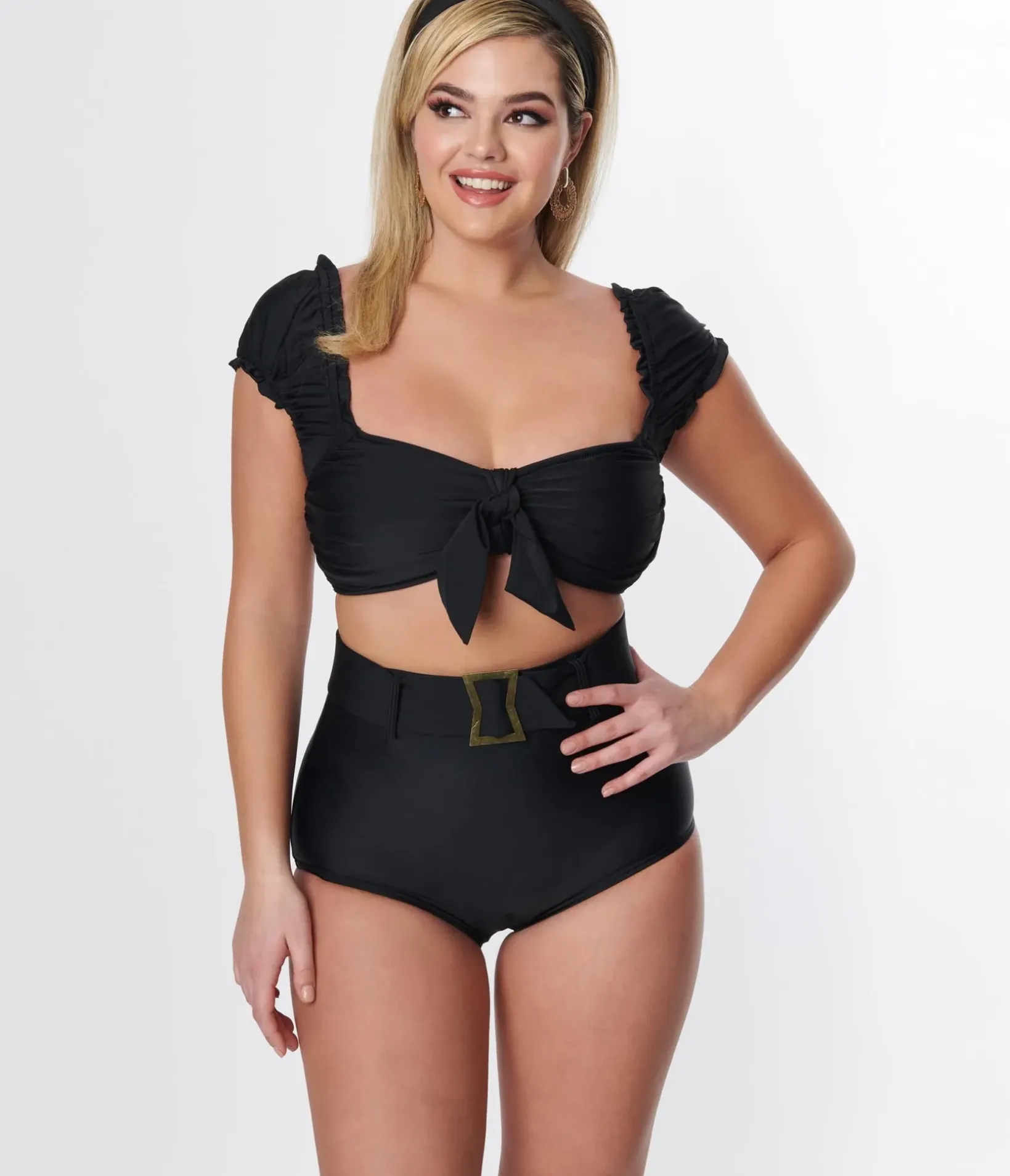 Unique Vintage Swim Tops|Two Piece Swim>Black Shirred Bow Bandeau Swim Top