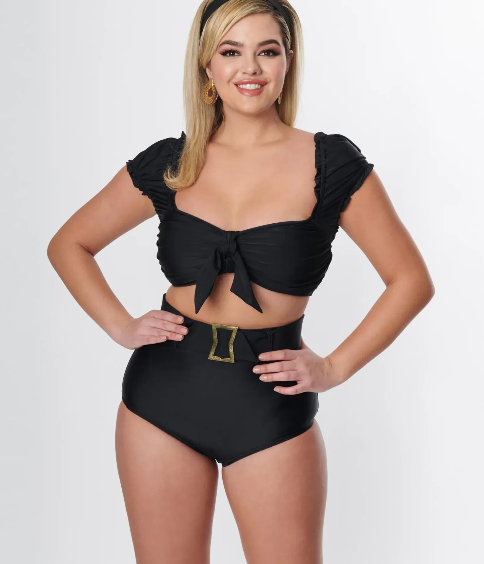 Unique Vintage Swim Tops|Two Piece Swim>Black Shirred Bow Bandeau Swim Top