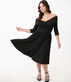 Unique Vintage Swing|Pocket Dresses>Black Shirred Off Shoulder Swing Dress