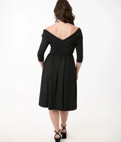 Unique Vintage Swing|Pocket Dresses>Black Shirred Off Shoulder Swing Dress