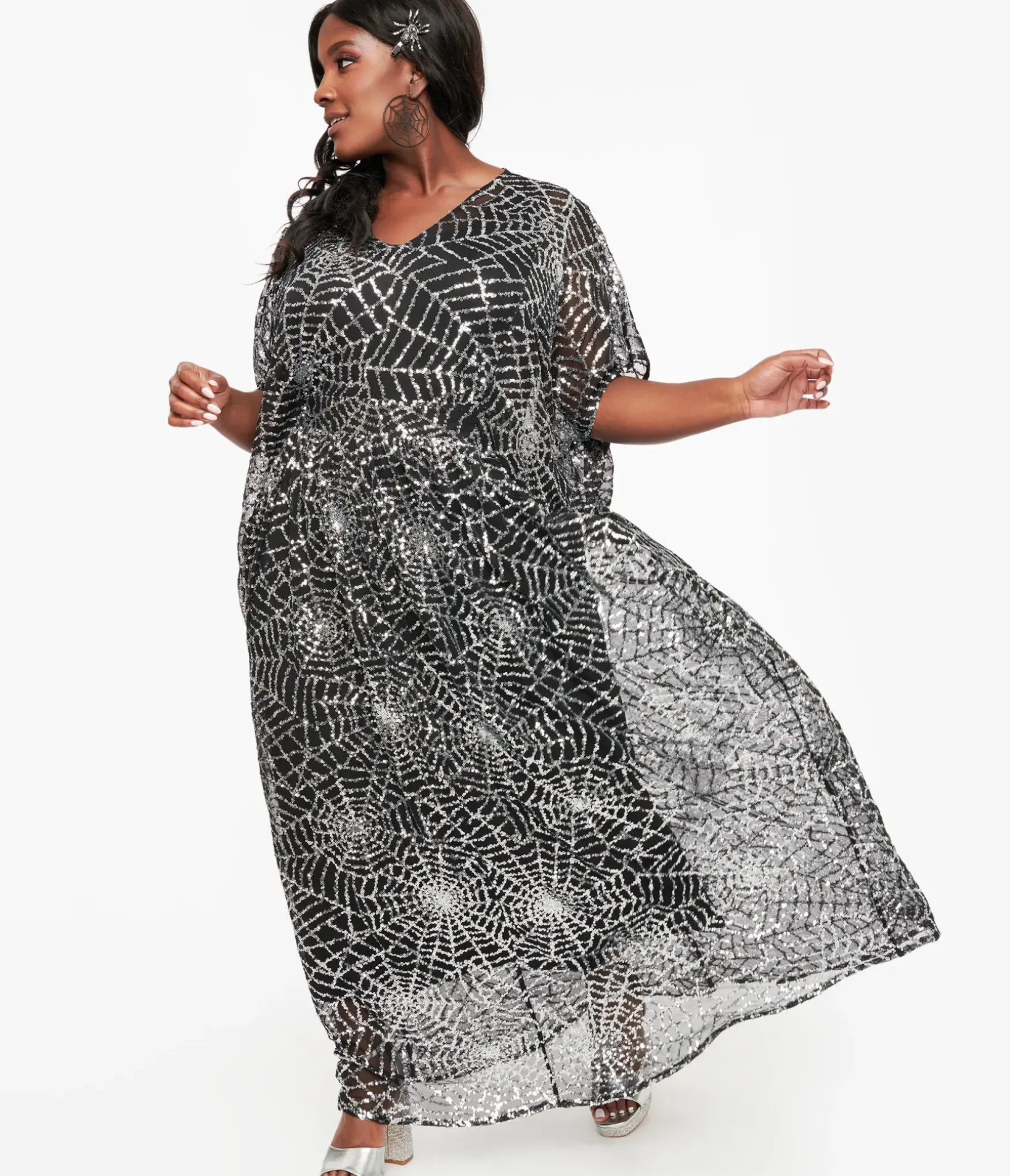 Unique Vintage Maxi|Caftans>Black & Silver Sequin Spider Web Burton Caftan Dress