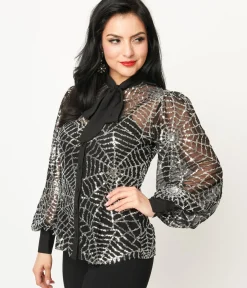 Unique Vintage Blouses|All Things Black>Black & Silver Sequin Spiderweb Sheer Gwen Blouse