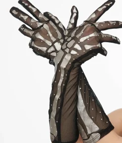 Unique Vintage All Things Black|Halloween>Black & Silver Skeleton Rhinestone Gloves