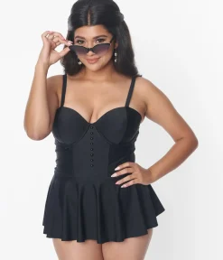 Unique Vintage One Piece Swim|All Things Black>Black Skirted One Piece Swimsuit