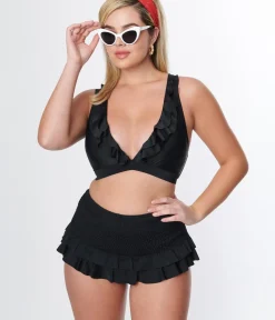 Unique Vintage Swim Bottoms|Two Piece Swim>Black Smocked Ruffle Swim Bottom