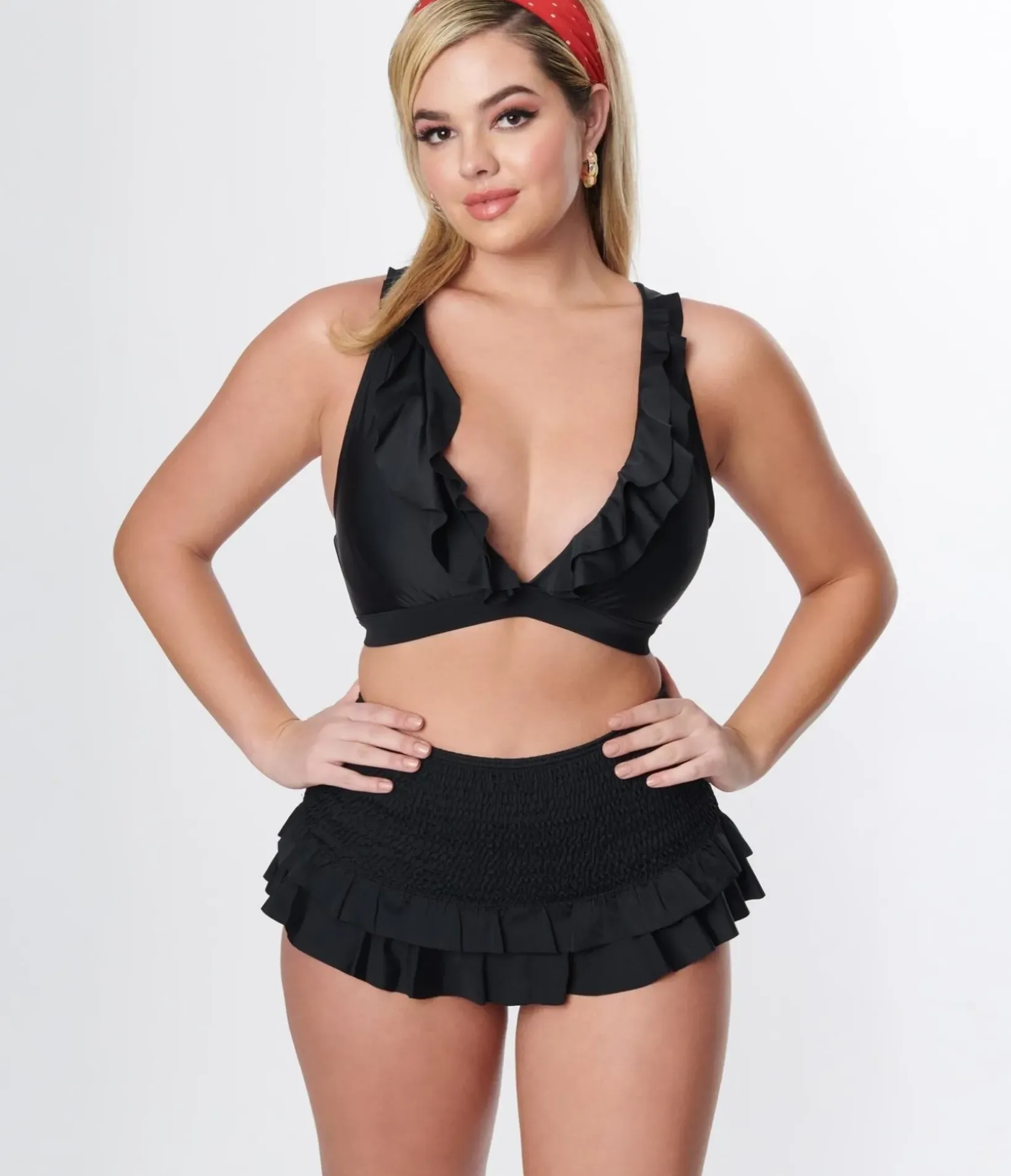 Unique Vintage Swim Bottoms|Two Piece Swim>Black Smocked Ruffle Swim Bottom