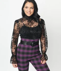 Unique Vintage All Things Black|Halloween>Black Spiderweb Flocked Donna Blouse