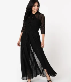 Unique Vintage Maxi|All Things Black>Black Swiss Dot Starlet Duster