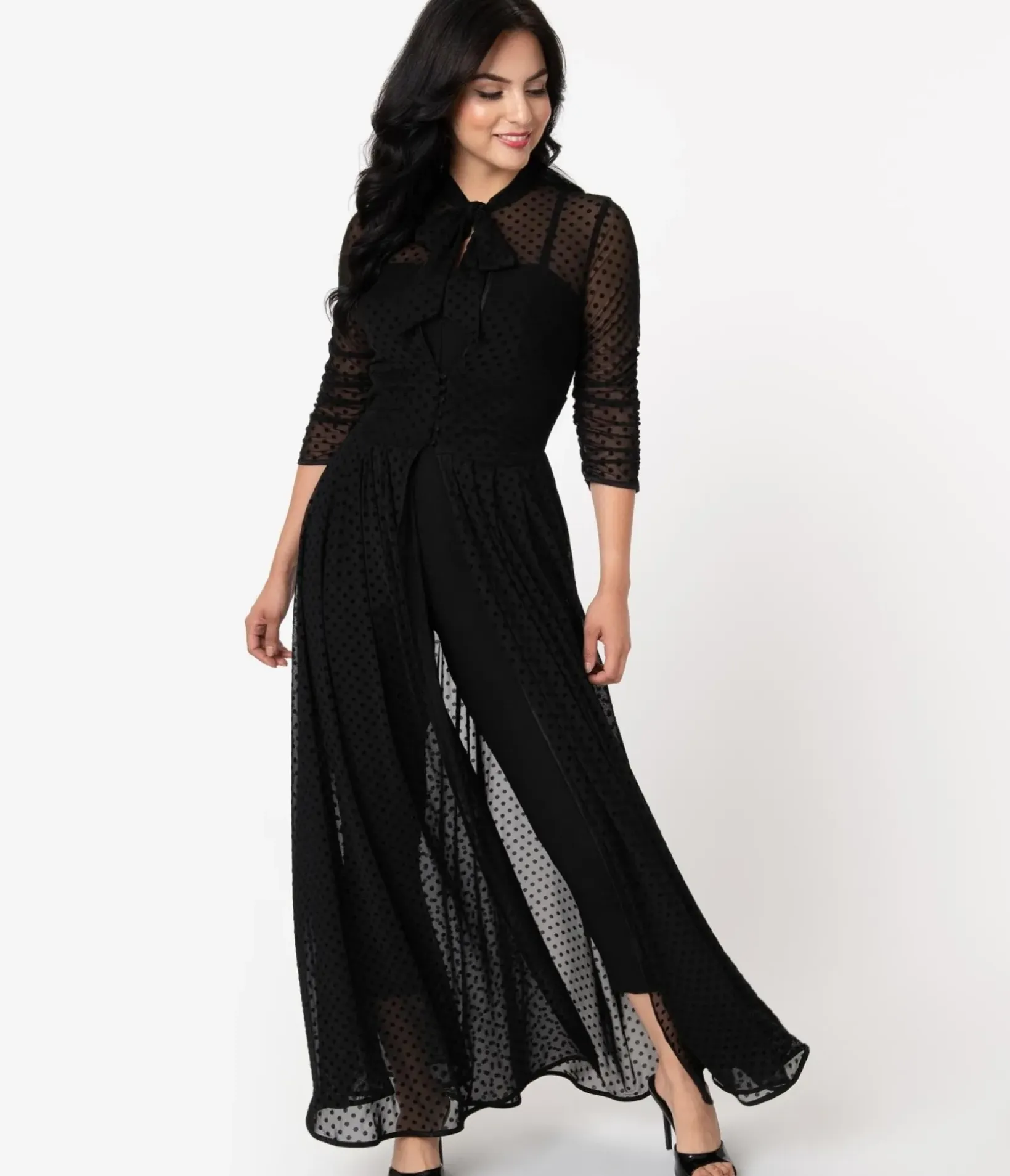 Unique Vintage Maxi|All Things Black>Black Swiss Dot Starlet Duster