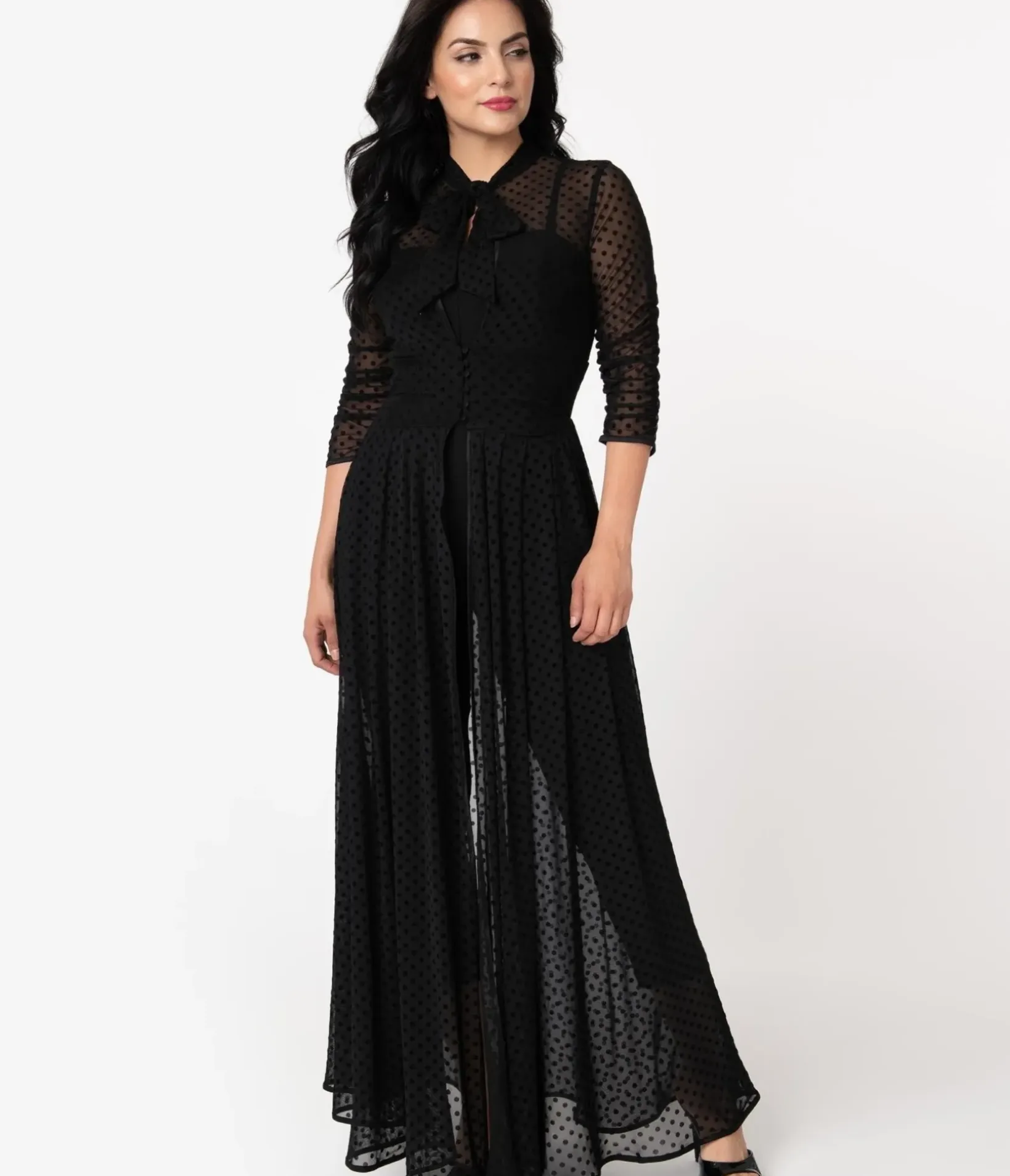 Unique Vintage Maxi|All Things Black>Black Swiss Dot Starlet Duster