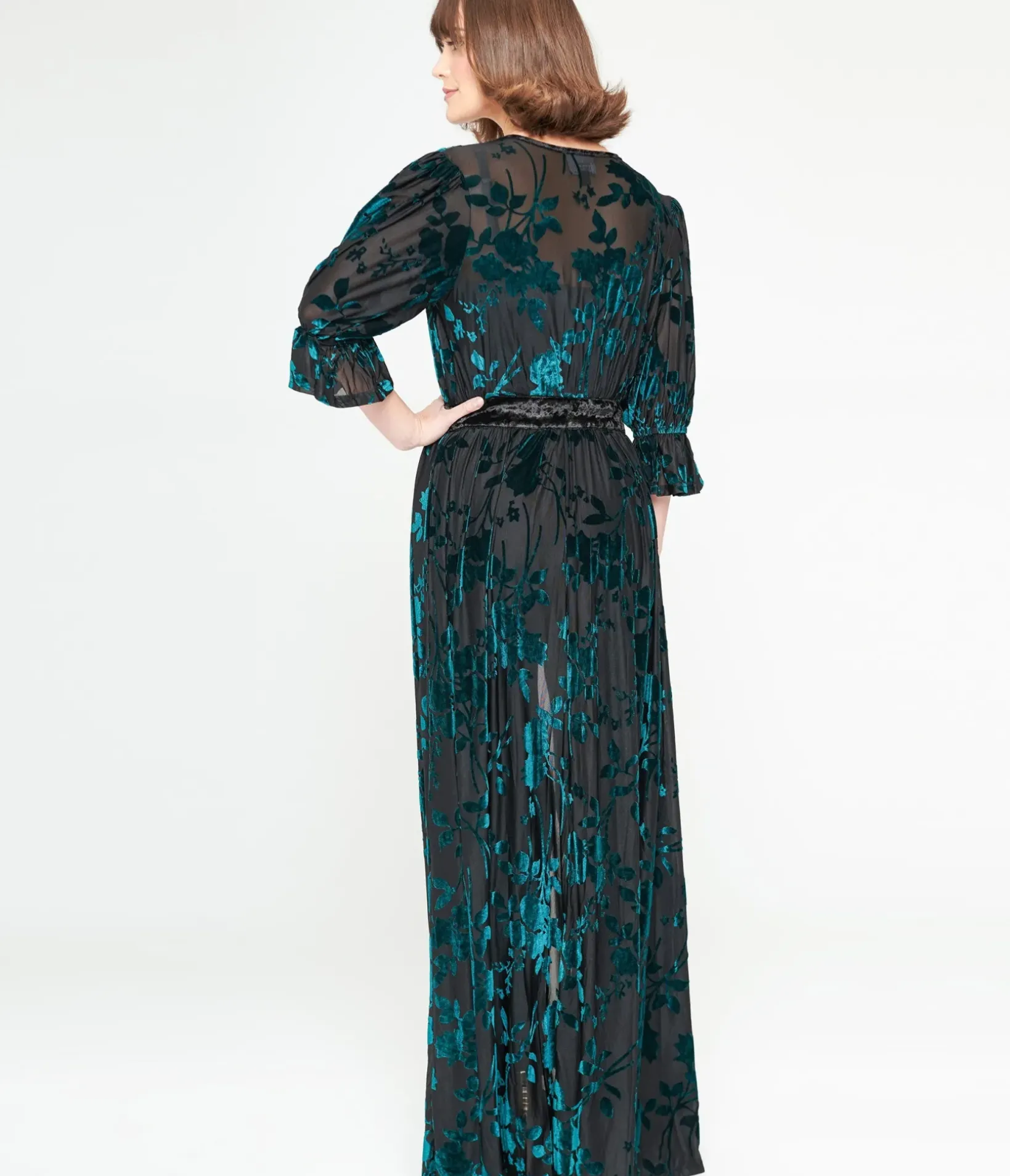 Unique Vintage Maxi|All Things Black>Black & Teal Floral Velvet Burnout Duster