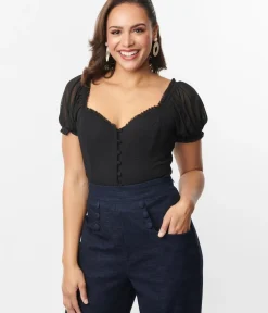Unique Vintage All Things Black>Black Textured Sweetheart Puff Sleeve Top