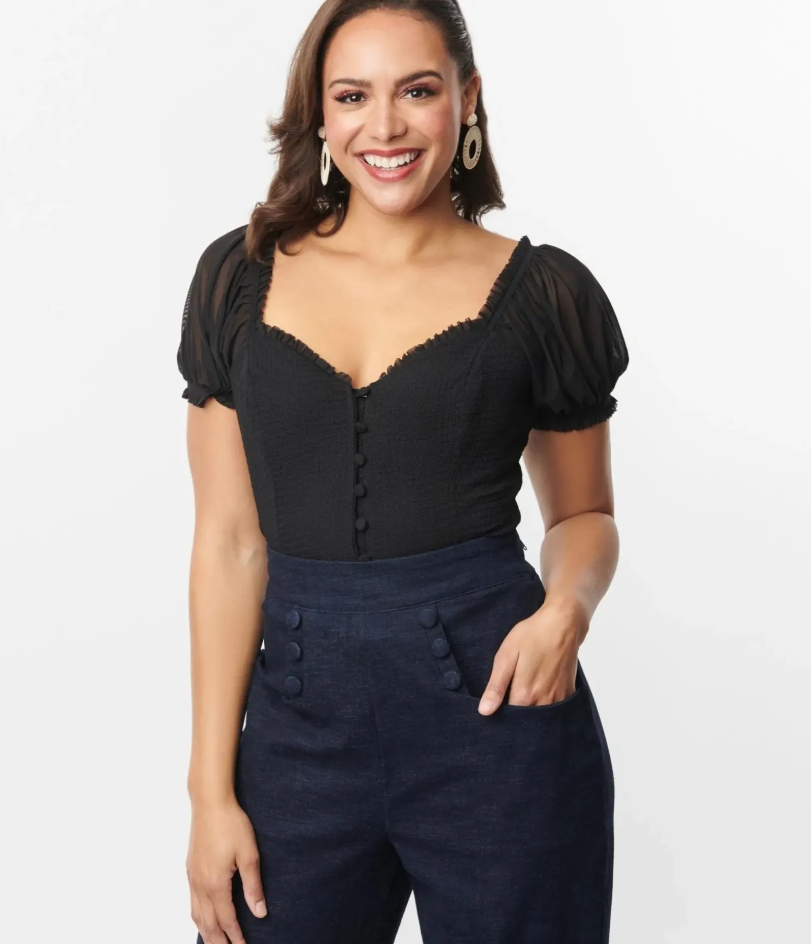 Unique Vintage All Things Black>Black Textured Sweetheart Puff Sleeve Top