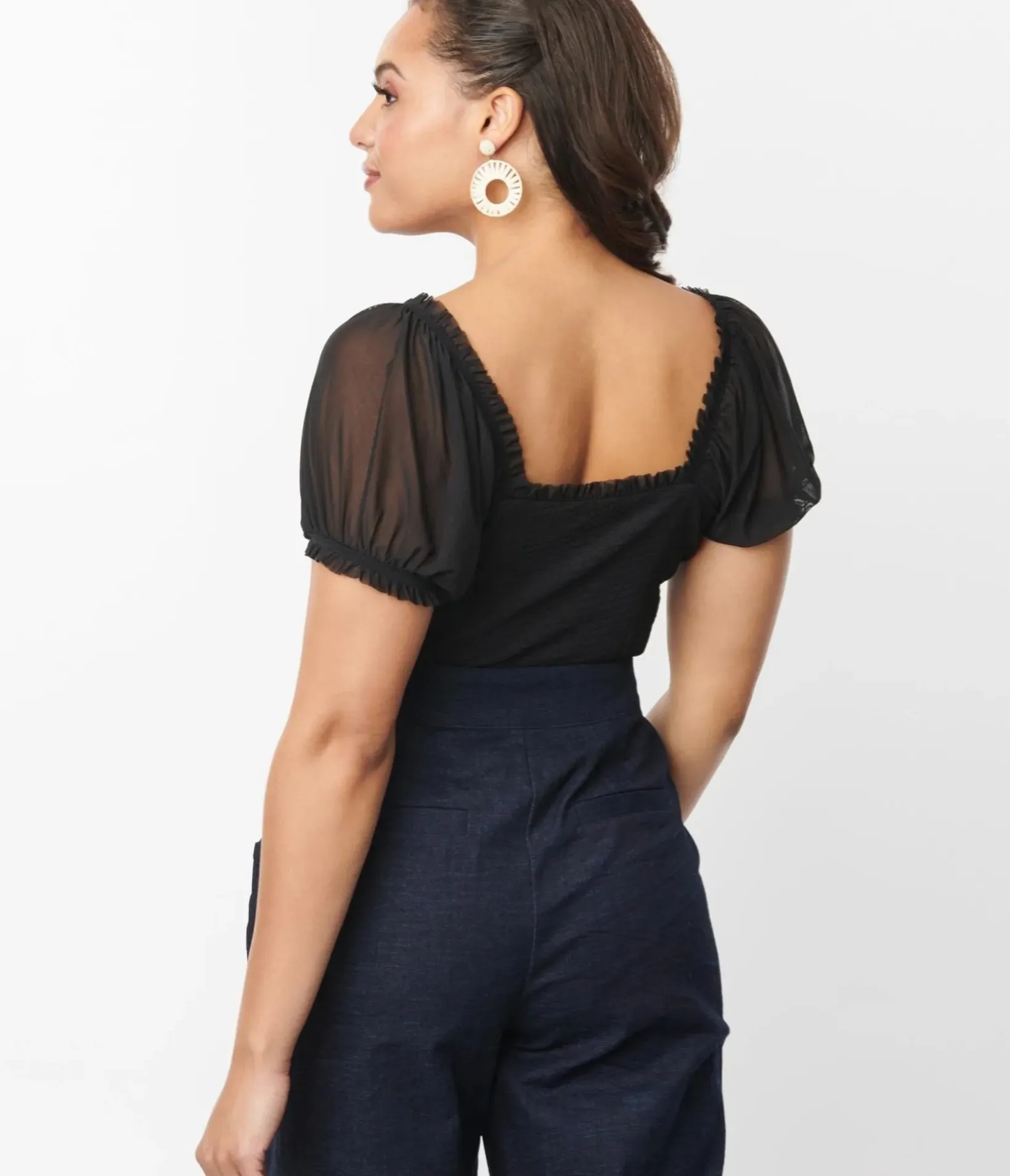 Unique Vintage All Things Black>Black Textured Sweetheart Puff Sleeve Top