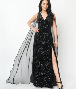 Unique Vintage Maxi|Midi & Maxi>Black Velvet Constellation Cape Gown
