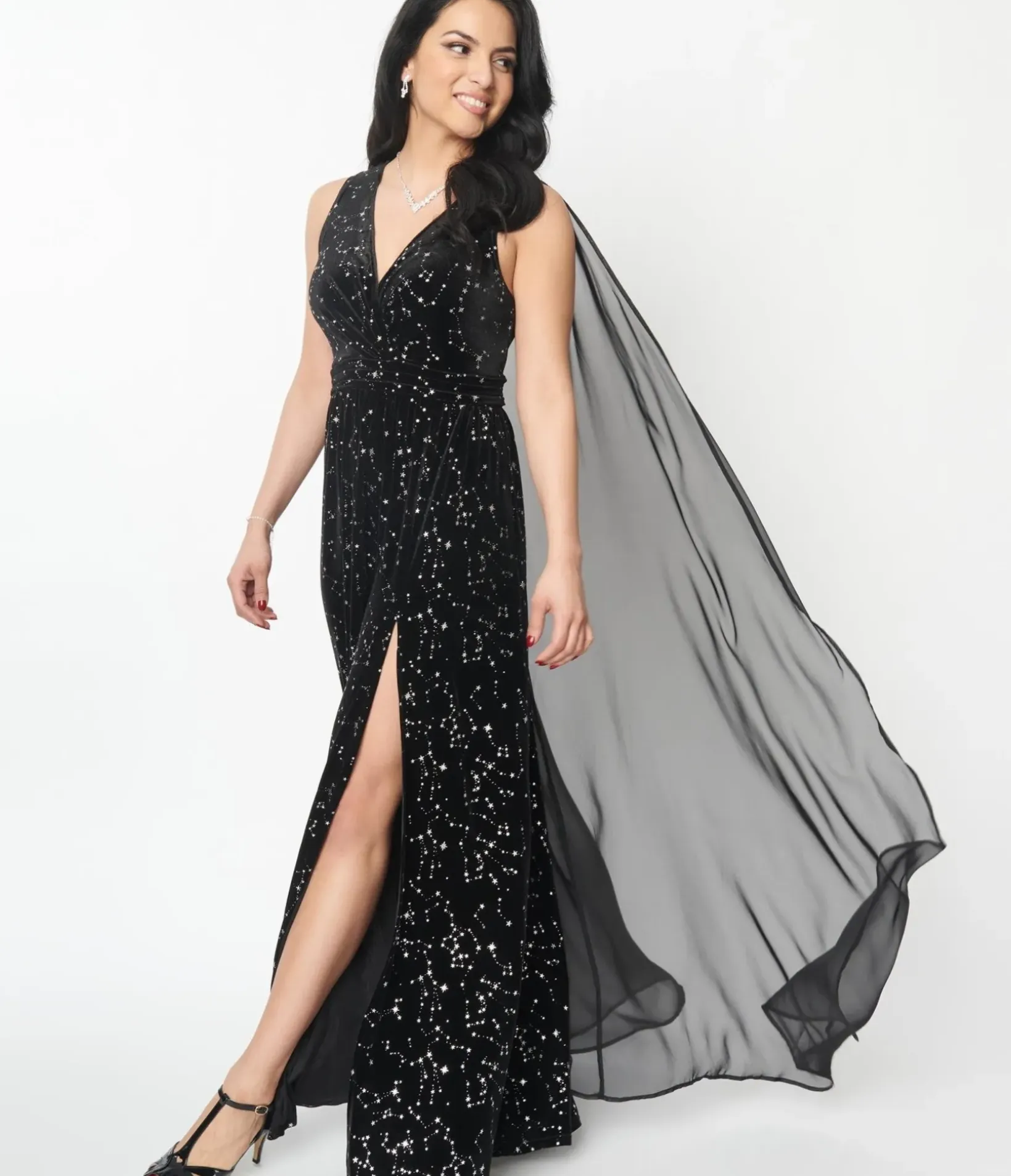 Unique Vintage Maxi|Midi & Maxi>Black Velvet Constellation Cape Gown