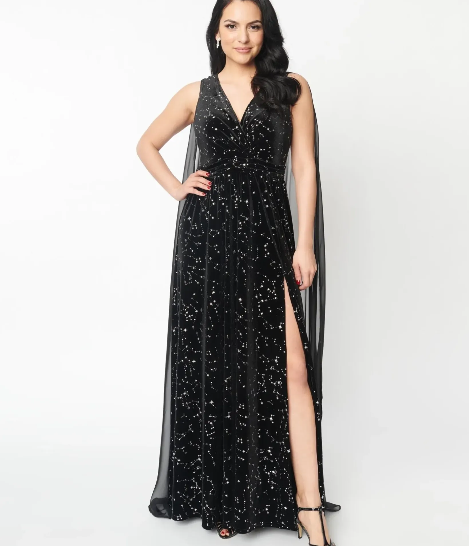 Unique Vintage Maxi|Midi & Maxi>Black Velvet Constellation Cape Gown