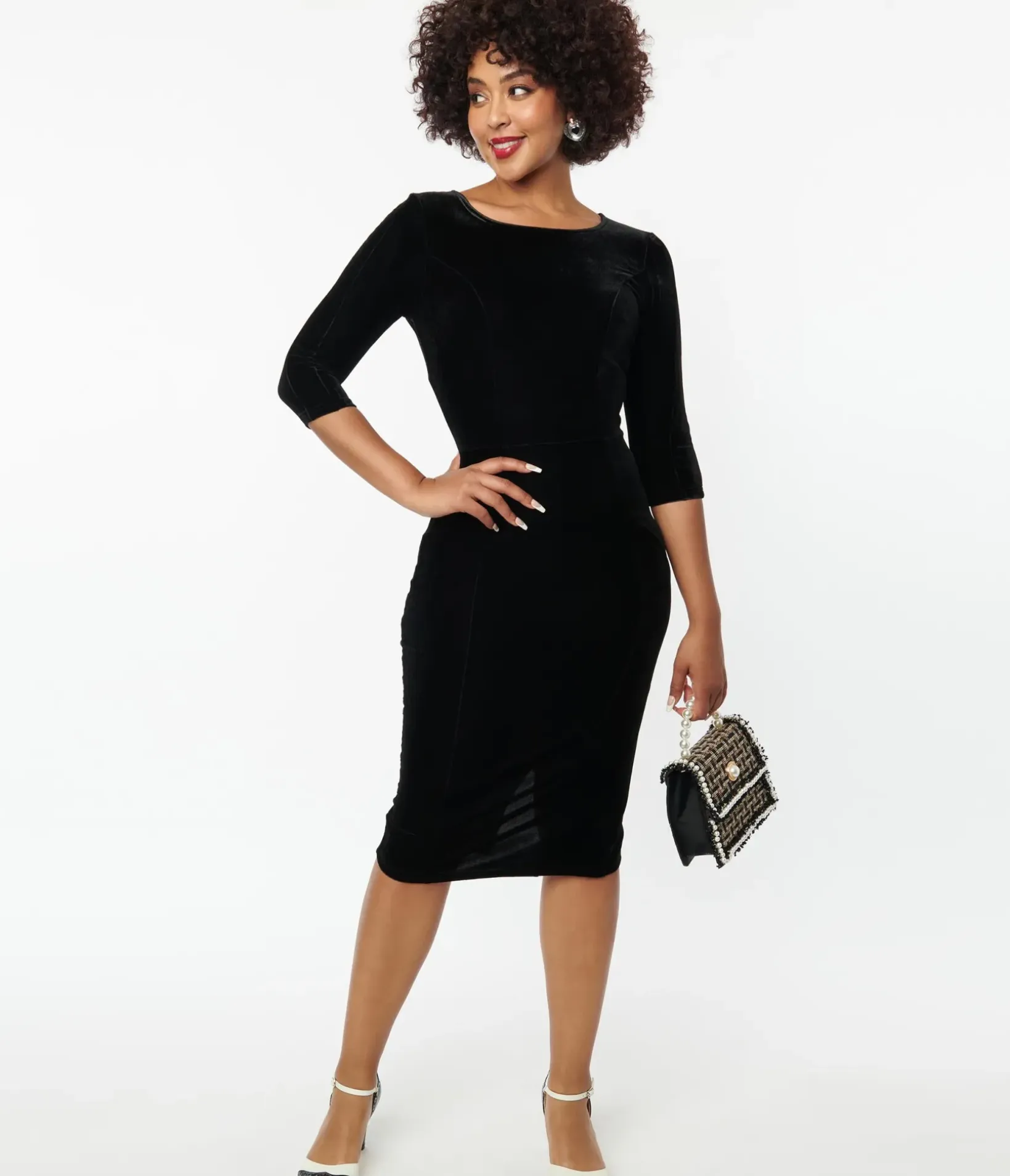 Unique Vintage Pencil|Everyday Dresses>Black Velvet Sleeved Mod Wiggle Dress
