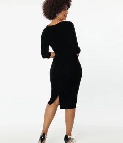 Unique Vintage Pencil|Everyday Dresses>Black Velvet Sleeved Mod Wiggle Dress