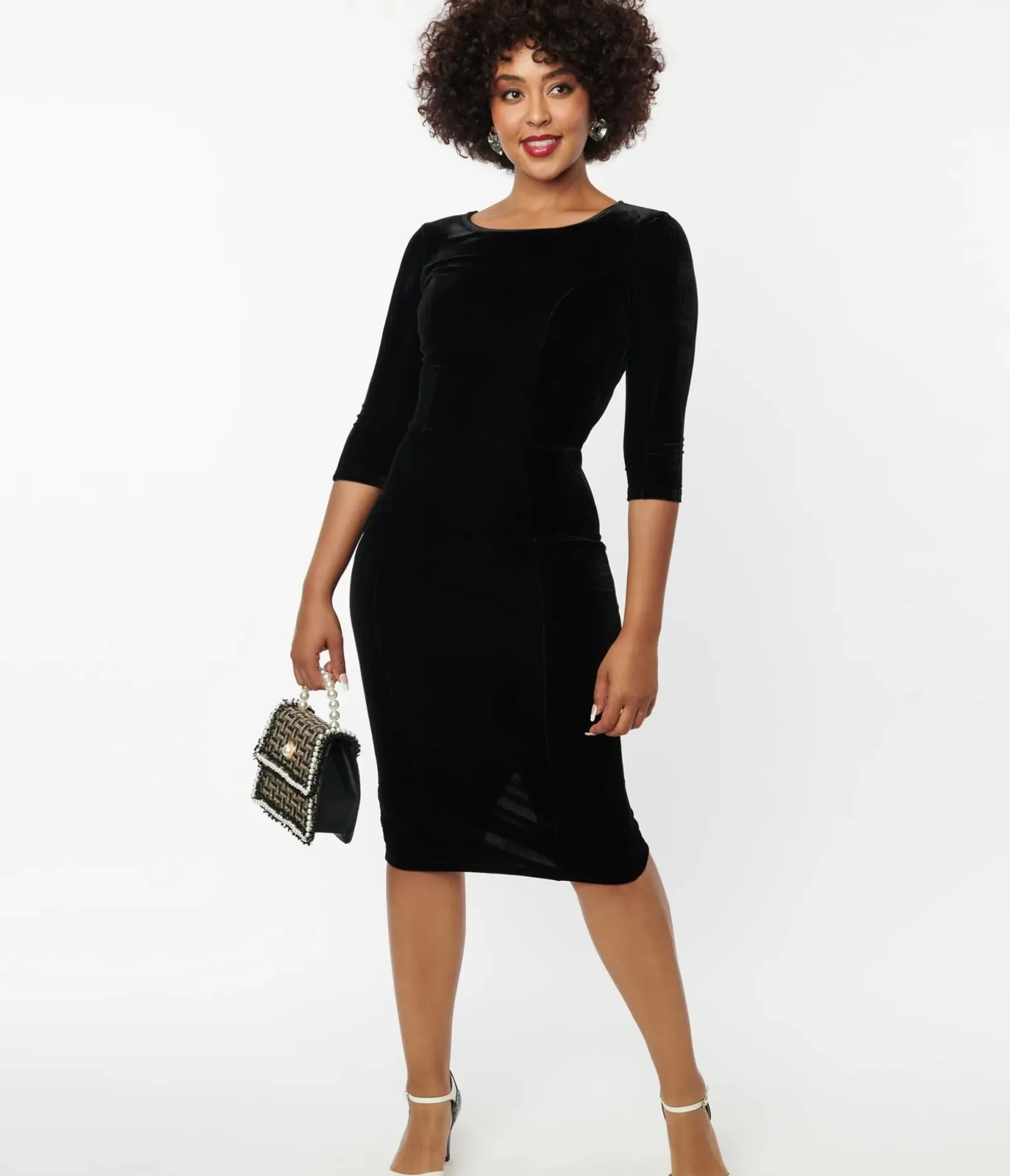 Unique Vintage Pencil|Everyday Dresses>Black Velvet Sleeved Mod Wiggle Dress