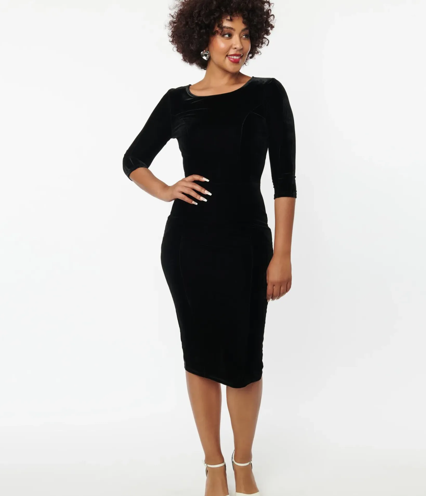 Unique Vintage Pencil|Everyday Dresses>Black Velvet Sleeved Mod Wiggle Dress