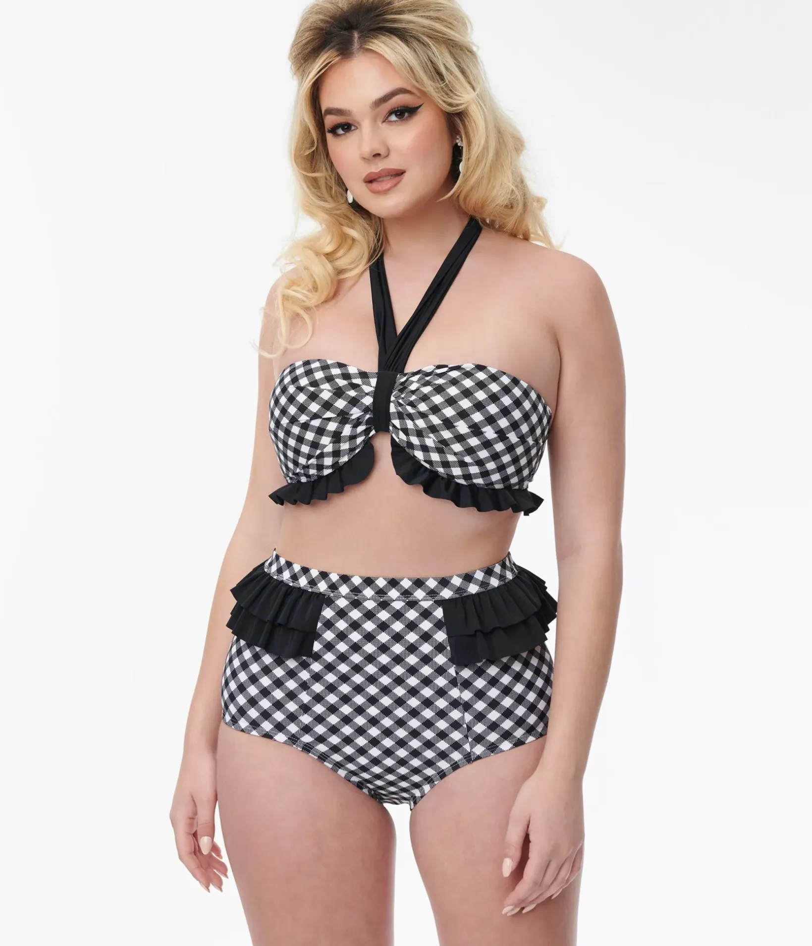 Unique Vintage Swim Tops|Two Piece Swim>Black & White Bias Gingham Twist Front Halter Swim Top
