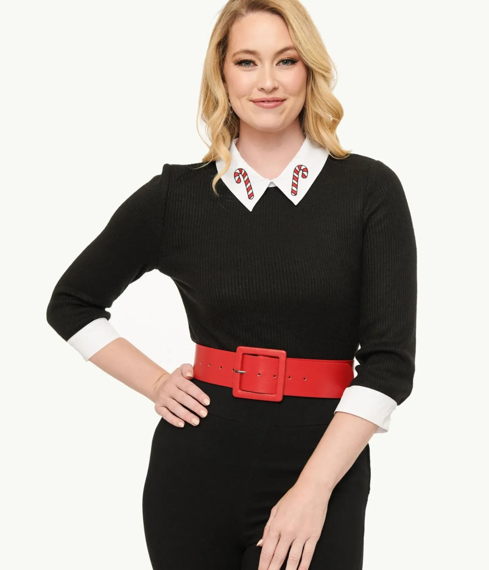 Unique Vintage Sweaters & Cardigans>Black & White Candy Cane Print Contrast Sabrina Sweater