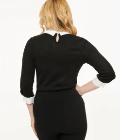 Unique Vintage Sweaters & Cardigans>Black & White Candy Cane Print Contrast Sabrina Sweater