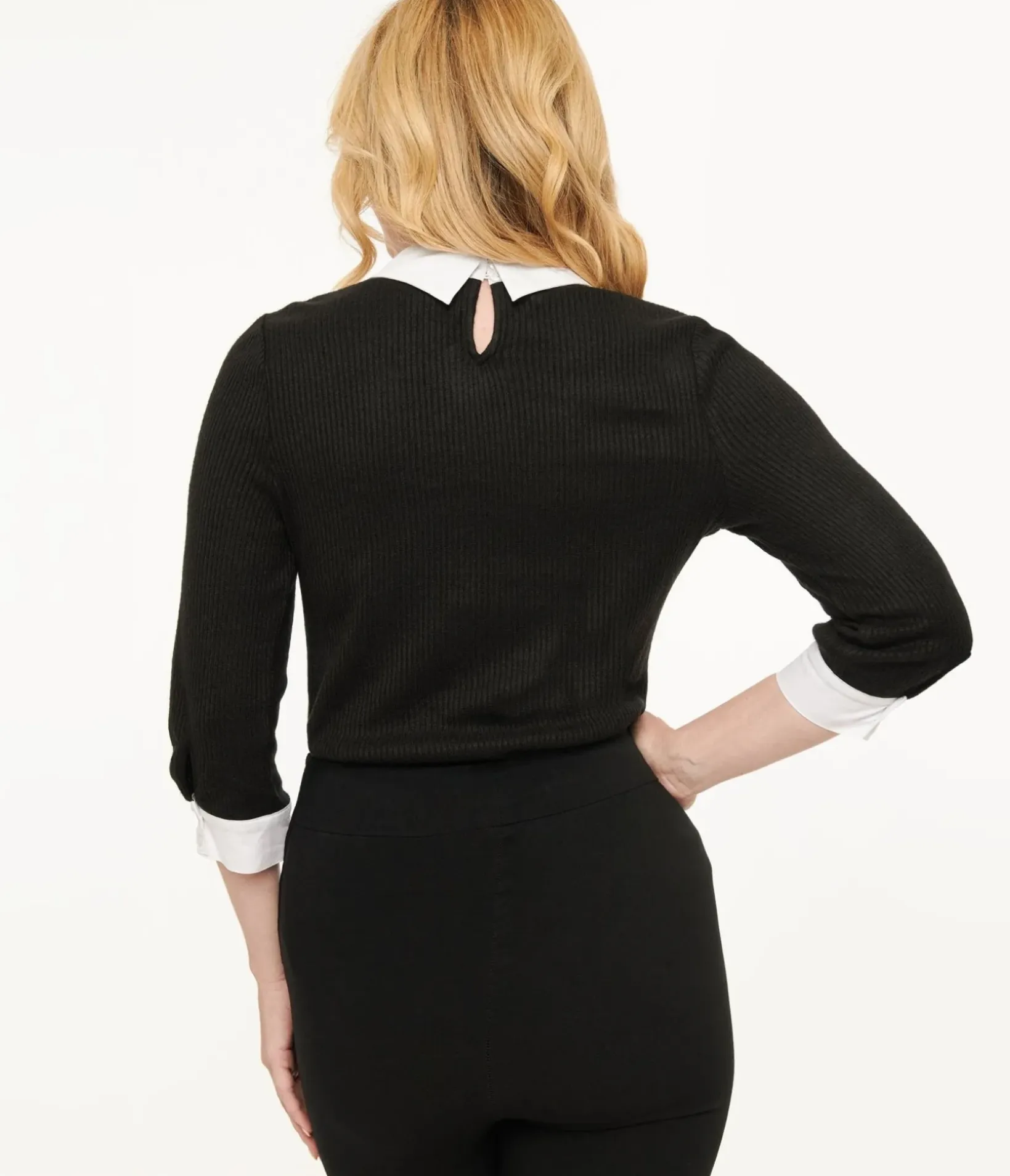 Unique Vintage Sweaters & Cardigans>Black & White Candy Cane Print Contrast Sabrina Sweater