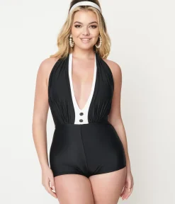 Unique Vintage One Piece Swim|All Things Black>Black & White Contrast Romper Swimsuit