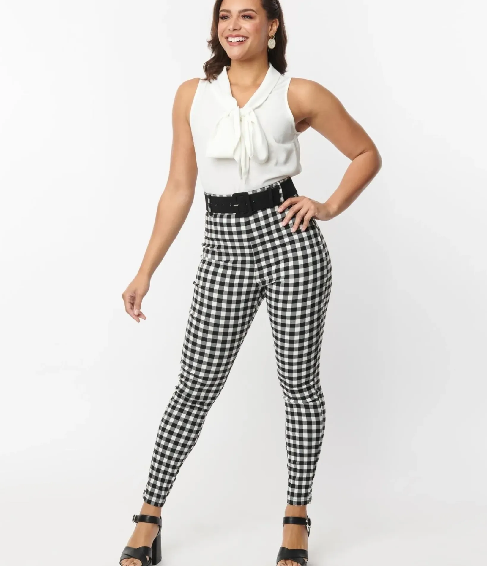 Unique Vintage Pants|All Things Black>Black & White Gingham Belted Rizzo Pants