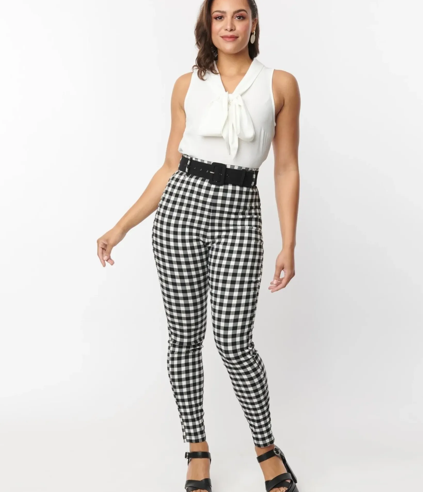 Unique Vintage Pants|All Things Black>Black & White Gingham Belted Rizzo Pants