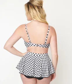 Unique Vintage Swim Tops|Two Piece Swim>Black & White Gingham Bow Rialto Bikini Top