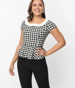Unique Vintage Work Wear>Black & White Gingham Collar Peplum Top
