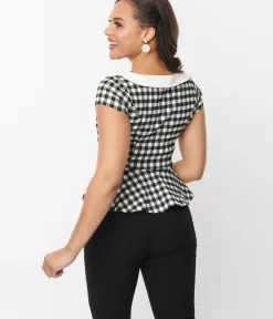 Unique Vintage Work Wear>Black & White Gingham Collar Peplum Top