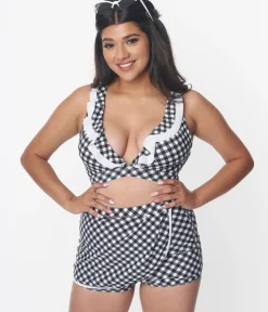 Unique Vintage Swim Tops|Two Piece Swim>Black & White Gingham Halter Swim Top