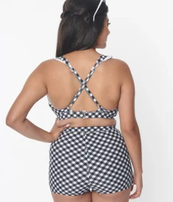 Unique Vintage Swim Tops|Two Piece Swim>Black & White Gingham Halter Swim Top
