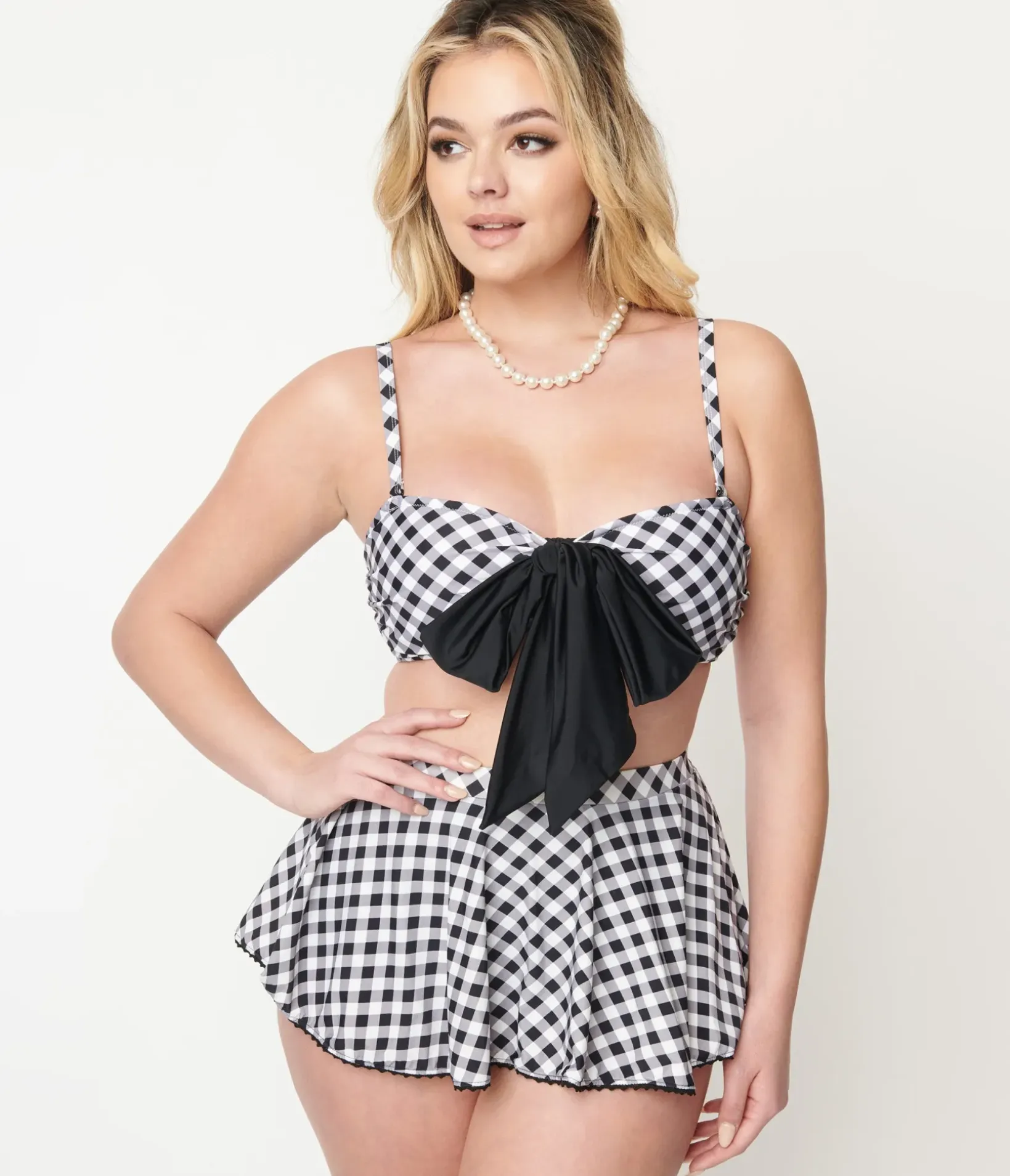 Unique Vintage Swim Bottoms|Two Piece Swim>Black & White Gingham Pin-Up Coronado Swim Skirt