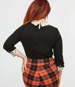 Unique Vintage Sweaters & Cardigans|All Things Black>Black & White Halloween Print Contrast Sabrina Sweater