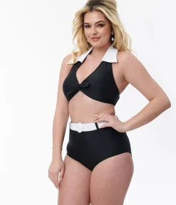 Unique Vintage Swim Tops|Two Piece Swim>Black & White Halter Swim Top