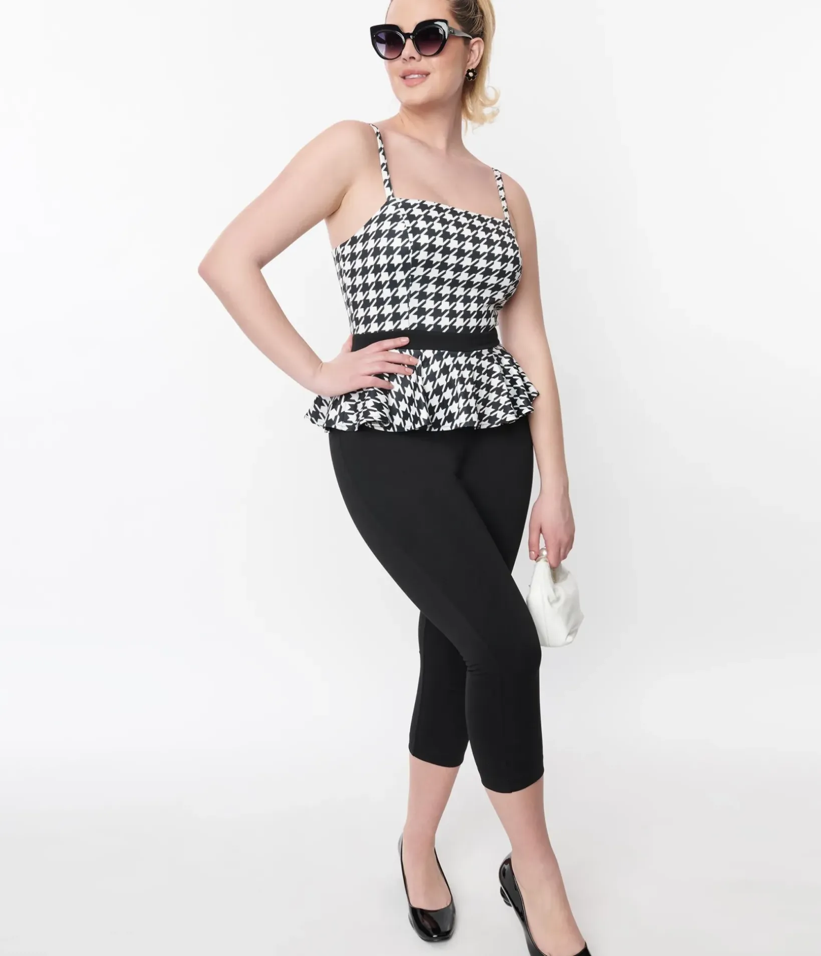 Unique Vintage Rompers & Jumpsuits|All Things Black>Black & White Houndstooth Peplum Jumpsuit